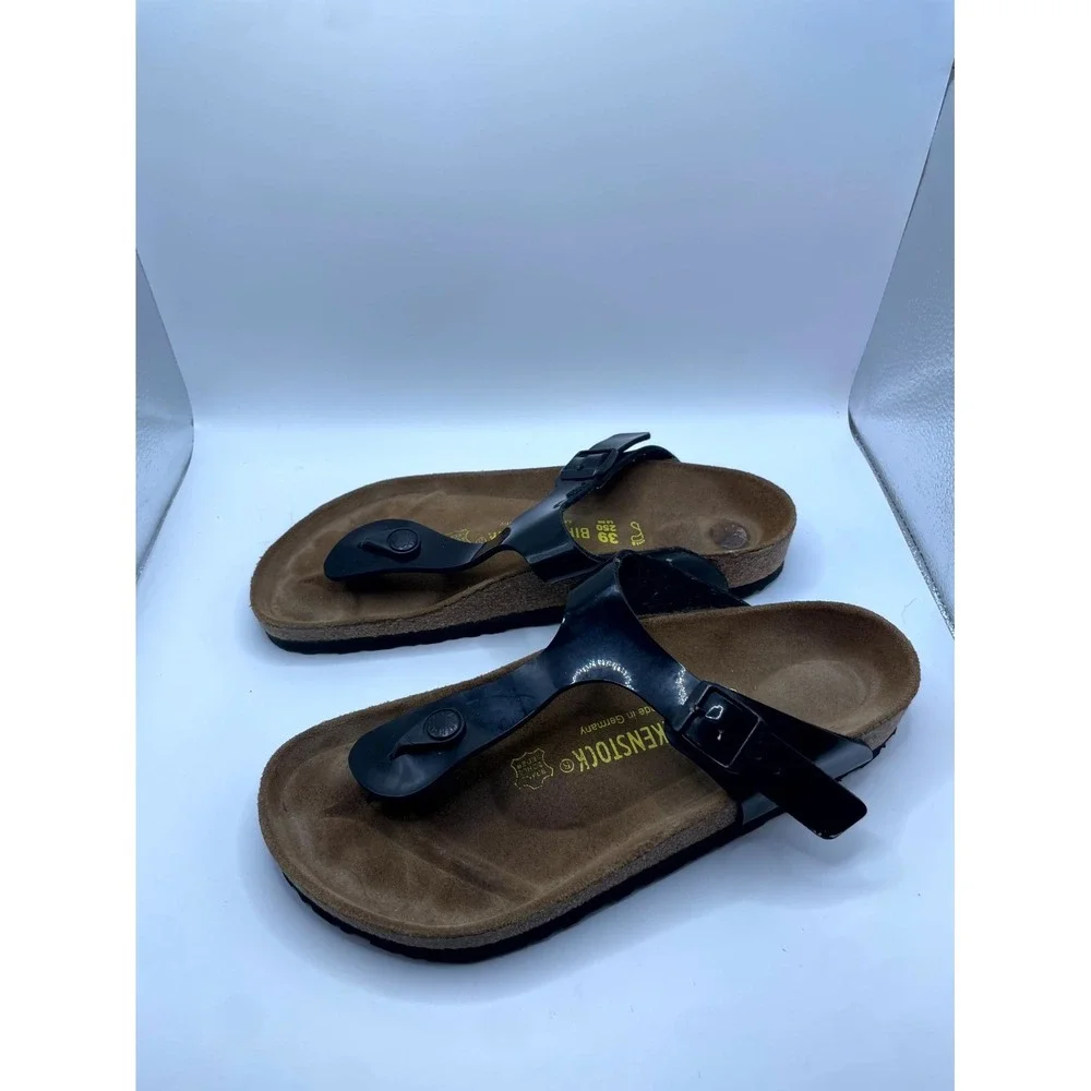 Birkenstock Gizeh Unisex M6/W8 Thong Black Birko-Flor Patent Slip On Sandals